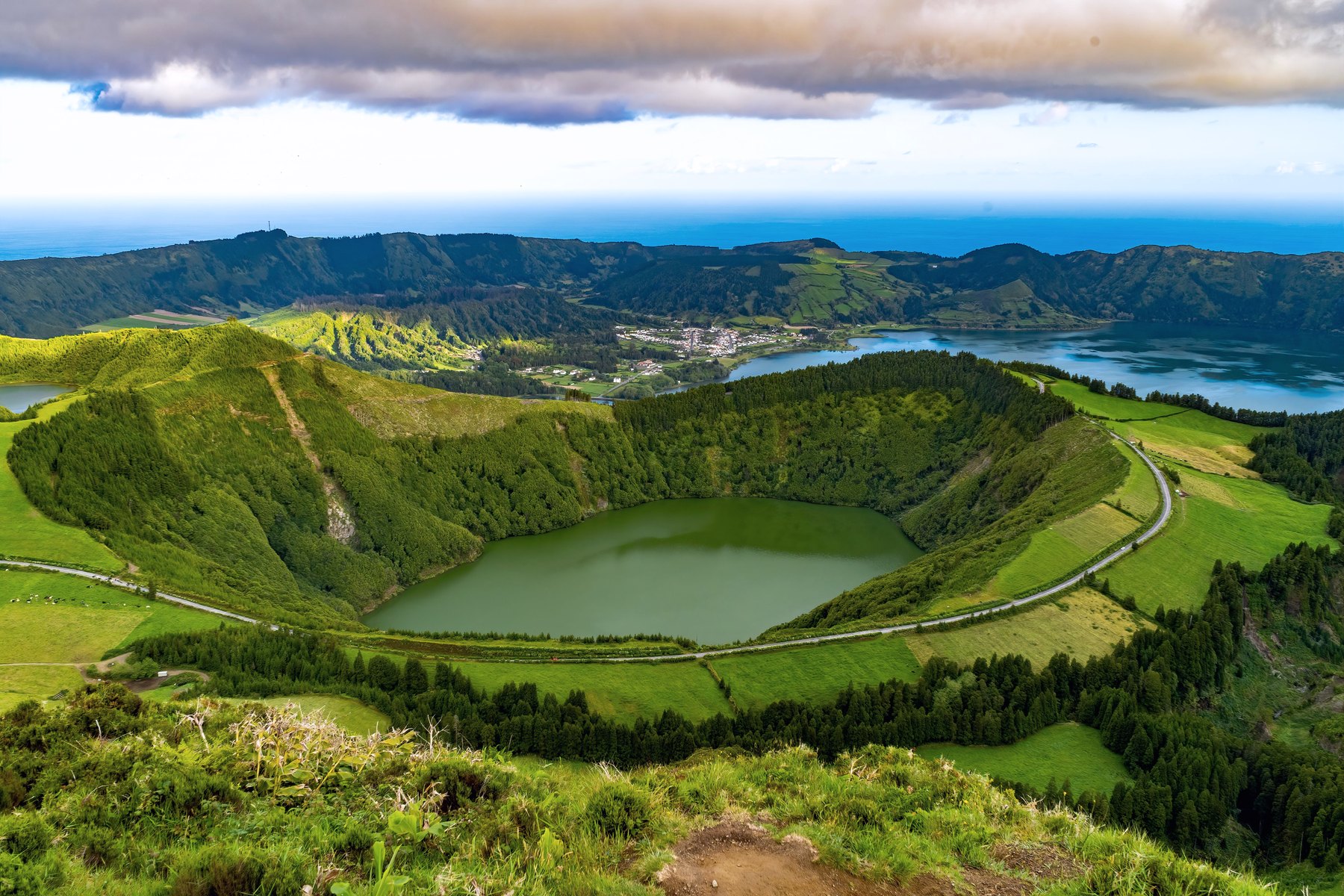A volcanic caldera in the Azores